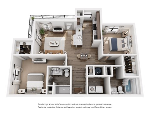 Floor plan for 2 beds, 2 baths, 1235 sqft